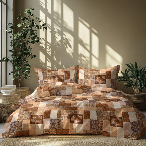 GRES Gulmohar Double Size Bed Sheet Set - 100% Cotton 3-Piece Set - 1 Bedsheet 2.29m x 2.54m with 2 Pillow Covers - Patchwork Pattern
