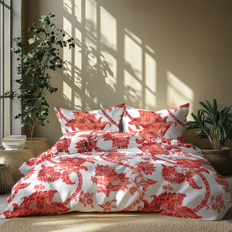 LANE LINEN 210TC 100% Cotton Bedsheet Set for Super King Size Bed, 3-Piece Bedding, Included 2 Pillow Covers, Soft & Breatahble Flat Sheets, Red Digital Printed Floral Pattern - 2.74m x 2.74m