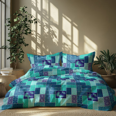 GRES Gulmohar Double Size Bed Sheet Set - 100% Cotton 3-Piece Set - 1 Bedsheet 2.29m x 2.54m with 2 Pillow Covers - Patchwork Pattern