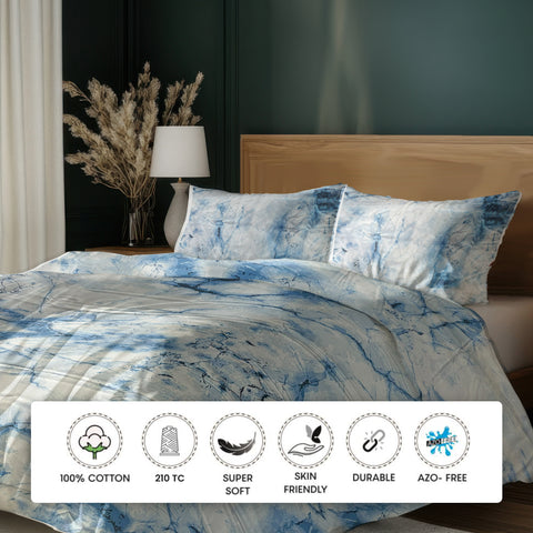 LANE LINEN 210TC 100% Cotton Bedsheet Set for Super King Size Bed, 3-Piece Bedding, Included 2 Pillow Covers, Soft & Breatahble Flat Sheets, Blue Digital Printed Bed Sheet - 2.74m x 2.74m