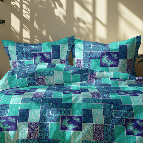 GRES Gulmohar Double Size Bed Sheet Set - 100% Cotton 3-Piece Set - 1 Bedsheet 2.29m x 2.54m with 2 Pillow Covers - Patchwork Pattern