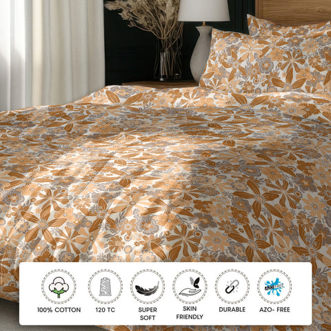 GRES Gulmohar Super King Size Bed Sheet Set - 100% Cotton  3-Piece Set - 1 Bedsheet 3m x 3m with 2 Pillow Covers - Botanical Floral Pattern