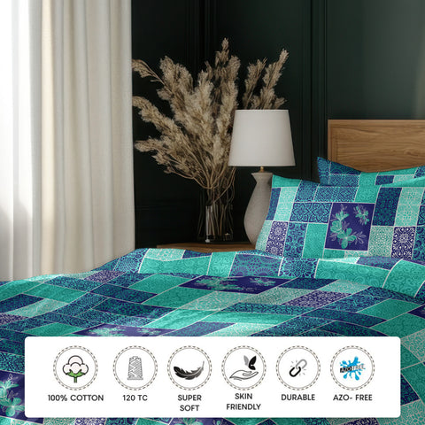 GRES Gulmohar Double Size Bed Sheet Set - 100% Cotton 3-Piece Set - 1 Bedsheet 2.29m x 2.54m with 2 Pillow Covers - Patchwork Pattern