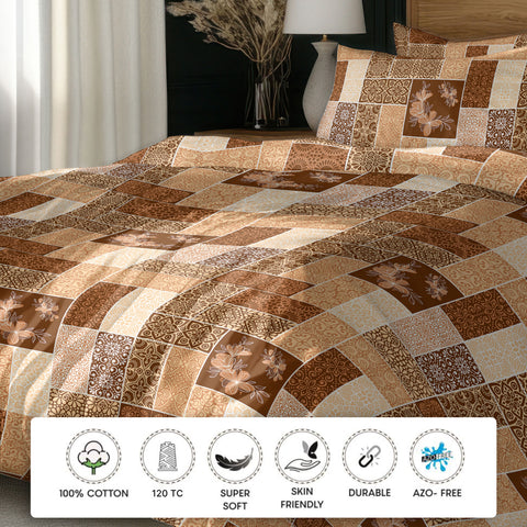 GRES Gulmohar Double Size Bed Sheet Set - 100% Cotton 3-Piece Set - 1 Bedsheet 2.29m x 2.54m with 2 Pillow Covers - Patchwork Pattern