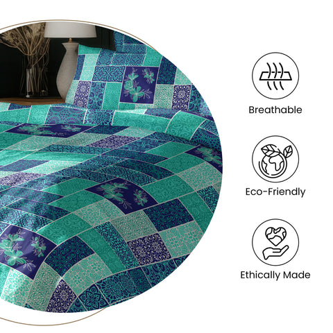 GRES Gulmohar Double Size Bed Sheet Set - 100% Cotton 3-Piece Set - 1 Bedsheet 2.29m x 2.54m with 2 Pillow Covers - Patchwork Pattern