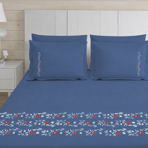 Thread Art | 100% Cotton 300TC Embroidered Bedsheet | 3 Piece (1 Bedsheet + 2 Pillow Cover) | Regal Bloom | Super King