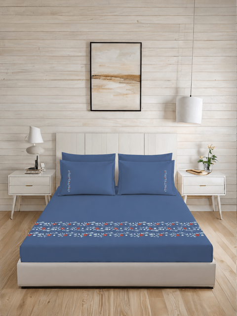 Thread Art | 100% Cotton 300TC Embroidered Bedsheet | 3 Piece (1 Bedsheet + 2 Pillow Cover) | Regal Bloom | Super King