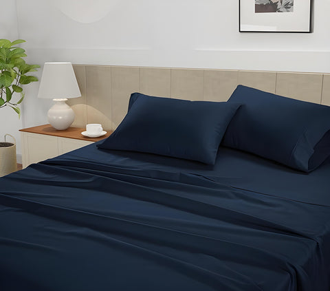 Lane Linen 500TC 100% Cotton Caligo King Flat Satin Bedsheet Set - Denim - Lane Linen