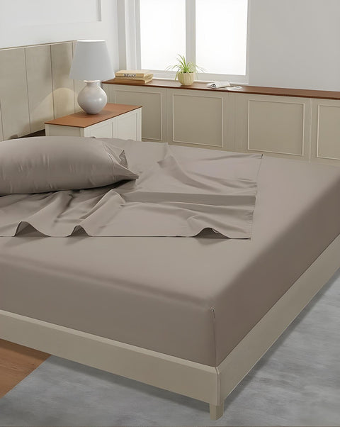 Lane Linen 500TC 100% Cotton Caligo King Flat Satin Bedsheet Set - Taupe - Lane Linen