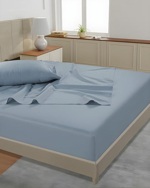 Lane Linen 500TC 100% Cotton Caligo King Flat Satin Bedsheet Set - Blue - Lane Linen