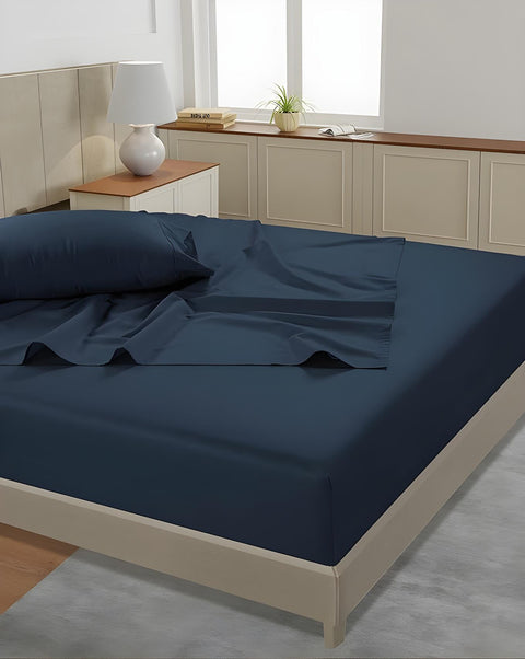 Lane Linen 500TC 100% Cotton Caligo King Flat Satin Bedsheet Set - Denim - Lane Linen