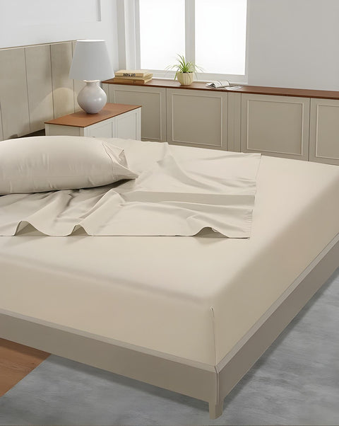 Lane Linen 500TC 100% Cotton Caligo Queen Fitted Satin Sheet Set - Ivory