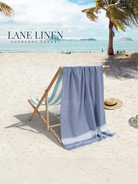 LANE LINEN 100% Cotton Pack of 2 Hammam Towels, Pre-Washed Quick Dry Sand Free Beach Towels For Adults - Modern, Rectangular, 39" x 71" - Forever Blue