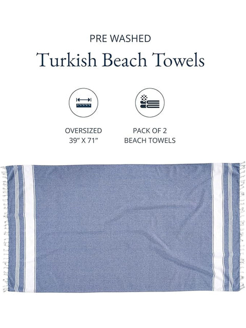 LANE LINEN 100% Cotton Pack of 2 Hammam Towels, Pre-Washed Quick Dry Sand Free Beach Towels For Adults - Modern, Rectangular, 39" x 71" - Forever Blue