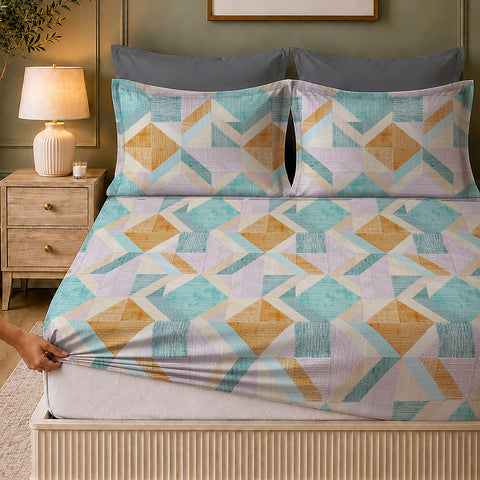 Symphony Vol 2 | 100% Cotton Sheet Set | Soft & Breathable Fabric | 3 Piece (1 Bedsheet + 2 Pillow Covers) | Super King Fitted Bed Sheet Set