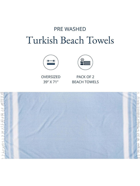 LANE LINEN 100% Cotton Pack of 2 Hammam Towels, Pre-Washed Quick Dry Sand Free Beach Towels For Adults - Modern, Rectangular, 39" x 71" - Sky Blue