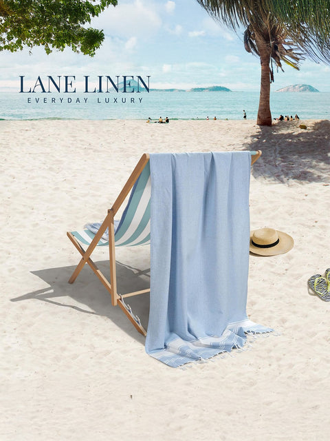 LANE LINEN 100% Cotton Pack of 2 Hammam Towels, Pre-Washed Quick Dry Sand Free Beach Towels For Adults - Modern, Rectangular, 39" x 71" - Sky Blue