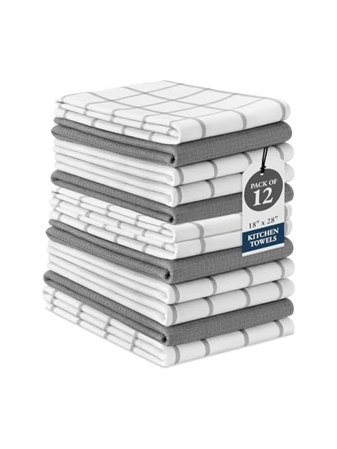 LANE LINEN Cotton Kitchen Towels and Dish Cloths Set, 12-Pack – Absorbent, Quick-Drying  18" x 28", Soft, Premium Hand and Tea Towels - Grey