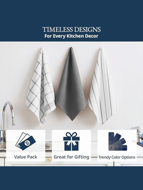 LANE LINEN Cotton Kitchen Towels and Dish Cloths Set, 12-Pack – Absorbent, Quick-Drying  18" x 28", Soft, Premium Hand and Tea Towels - Grey