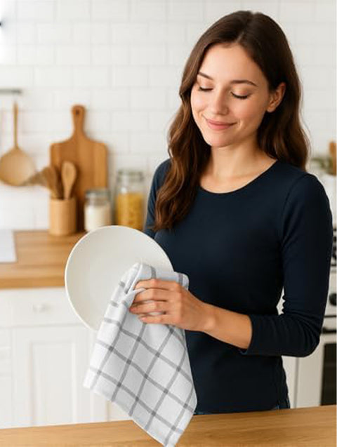 LANE LINEN Cotton Kitchen Towels and Dish Cloths Set, 12-Pack – Absorbent, Quick-Drying  18" x 28", Soft, Premium Hand and Tea Towels - Grey