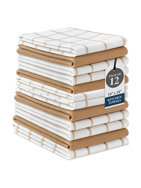 LANE LINEN Cotton Kitchen Towels and Dish Cloths Set, 12-Pack – Absorbent, Quick-Drying  18" x 28", Soft, Premium Hand and Tea Towels - Beige