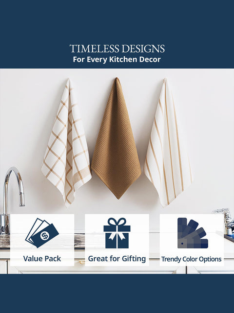 LANE LINEN Cotton Kitchen Towels and Dish Cloths Set, 12-Pack – Absorbent, Quick-Drying  18" x 28", Soft, Premium Hand and Tea Towels - Beige