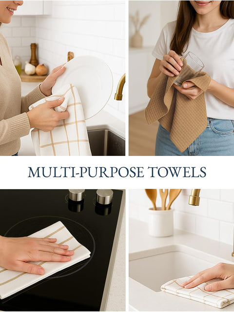 LANE LINEN Cotton Kitchen Towels and Dish Cloths Set, 12-Pack – Absorbent, Quick-Drying  18" x 28", Soft, Premium Hand and Tea Towels - Beige