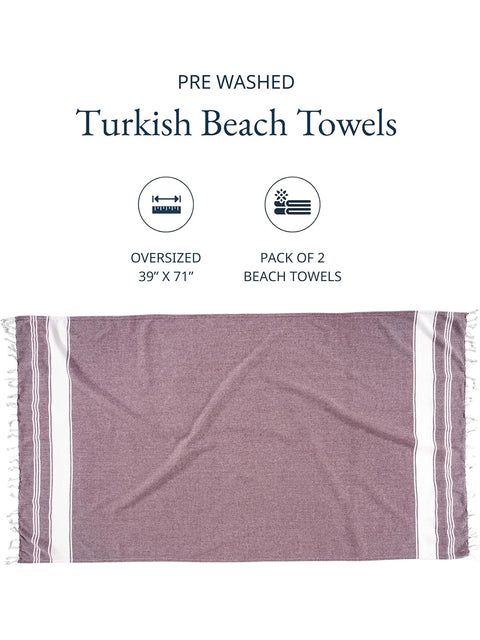 LANE LINEN 100% Cotton Pack of 2 Hammam Towels, Pre-Washed Quick Dry Sand Free Beach Towels For Adults - Modern, Rectangular, 39" x 71" - Wistful Mauve