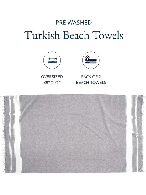 LANE LINEN 100% Cotton Pack of 2 Hammam Towels, Pre-Washed Quick Dry Sand Free Beach Towels For Adults - Modern, Rectangular, 39" x 71" - Alloy
