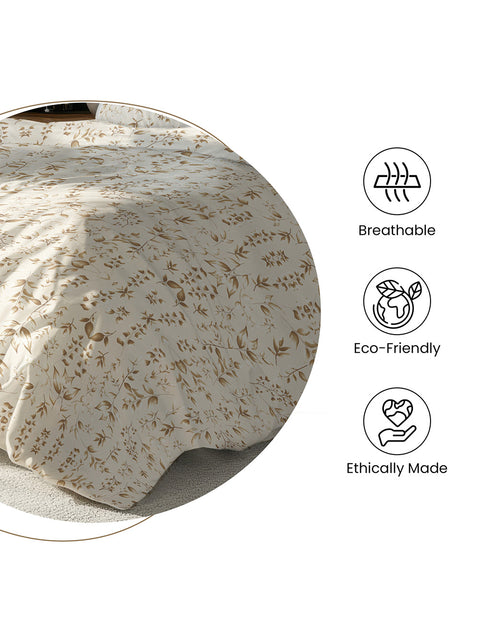 Textured fabric with floral pattern and icons indicating breathability, eco-friendliness, and ethical production 