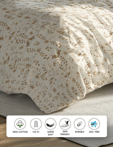 Floral patterned comforter on a bed, 100% Cotton Bedsheet, 120 TC , Super Soft Bedsheet, Skin Friendly Bedsheet, Durable & Sustaianable Bedsheets