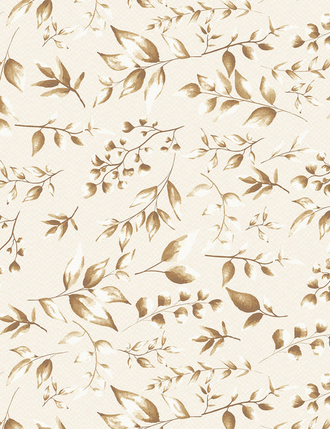 Pattern of gold leaves and branches on a beige background