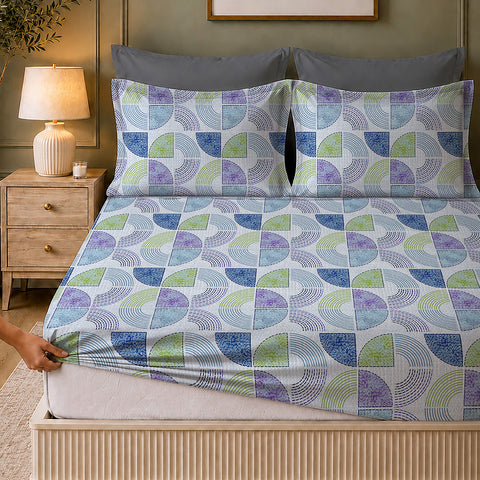 Symphony Vol 2 | 100% Cotton Sheet Set | Soft & Breathable Fabric | 3 Piece (1 Bedsheet + 2 Pillow Covers) | Super King Fitted Bed Sheet Set
