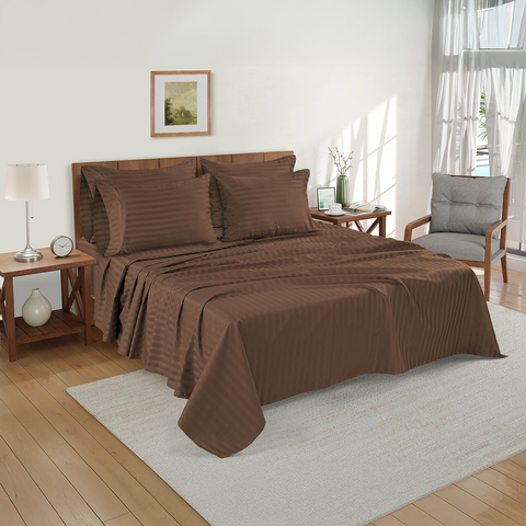 lane linen 100% egyptian cotton stripe king size bedsheet set - 800 tc, 5 pc bedding set (1 bedsheet with 4 pillow case) - luxury satin weave cotton sheets (2.74m x 2.74m)#color_brown