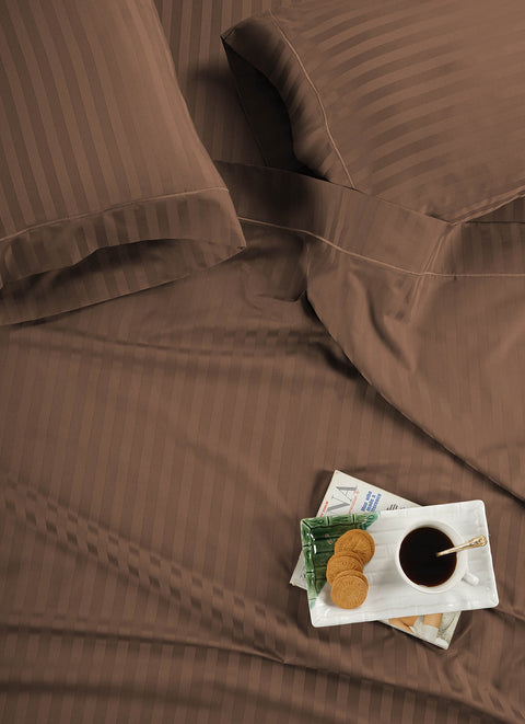 lane linen 100% egyptian cotton stripe king size bedsheet set - 800 tc, 5 Pc bedding set (1 bedsheet with 4 pillow case) - luxury satin weave cotton sheets (2.74m x 2.74m)#color_brown