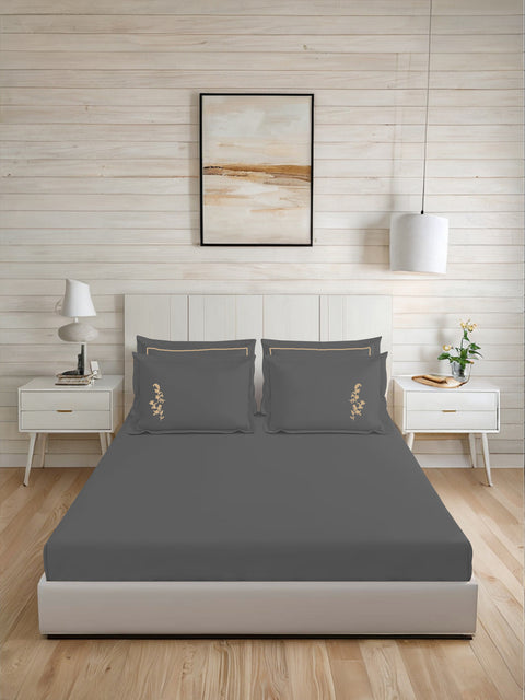 Riwayaat | 100% Cotton 300TC Embroidered Bedsheet | 3 Piece (1 Bedsheet + 2 Pillow Cover)| Moonlit Flora | Super King