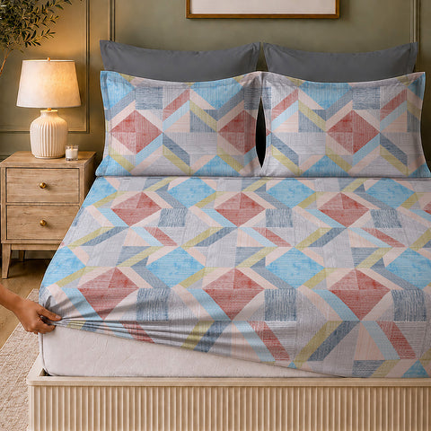 Symphony Vol 2 | 100% Cotton Sheet Set | Soft & Breathable Fabric | 3 Piece (1 Bedsheet + 2 Pillow Covers) | Super King Fitted Bed Sheet Set
