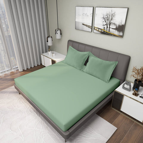 Gres Iceberg Green Color Bedsheet With 2 Pillows under a Charcoal Color Bed With Light Lamps on One Side And Photo Frames