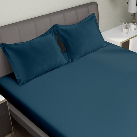 Legion Blue Colour Bedsheet With 2 Pillows under a Charcoal Colour Bed, 400 TC Bedsheet, Orangic Bedsheet