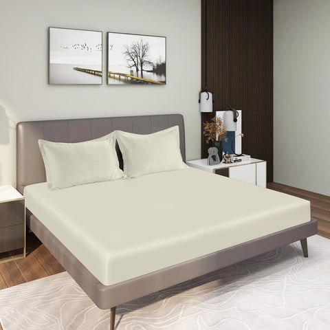 Lane Linen Tan Colour Bedsheet With 2 Pillows on Charcoal Coloured Bed with two photo frames