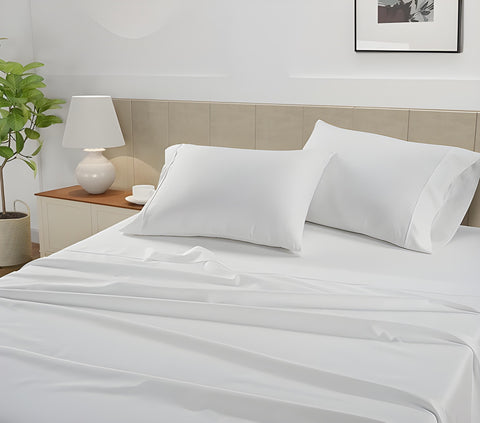 GRES_400TC_ White Colour Bedsheet With 2 Pillows With A Night Lamp Beside the Bed, Soft & Durable Bedsheets