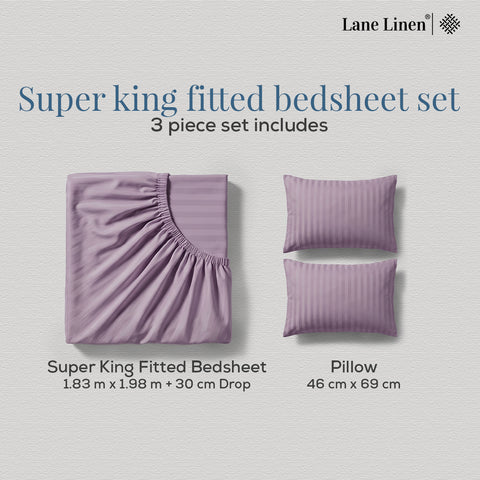 Galaxy | 100% Cotton 250 TC Damask Stripe | Eco-friendly & Wrinkle-free | 3 Piece (1 Bedsheet + 2 Pillow Covers) | Sateen Weave | Super King Fitted Bed Sheet Set