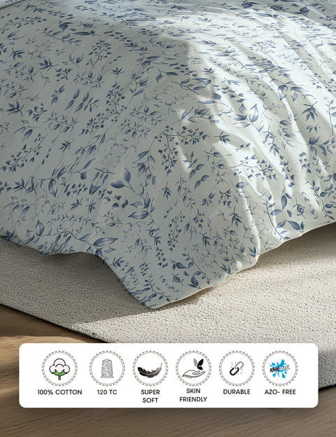 Floral patterned fitted sheet on a bed with product features displayed as 100% Cotton Bedsheet, 120 TC , Super Soft Bedsheet, Skin Friendly Bedsheets, Durable & Sustainable Bedsheets 