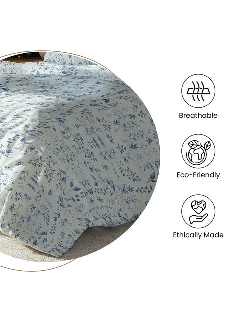 Round mat with floral pattern and icons indicating breathability, eco-friendliness, and ethical features of Bedsheet