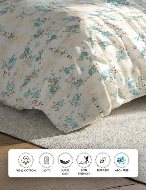 Floral patterned duvet cover on a bed, 100 % Cotton Bedsheet, 120 TC, Super Soft, Skin Friendly Bedsheet, Durable & Sustainable Bedsheet
