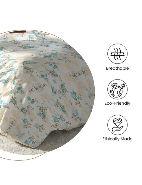 Floral-patterned mattress cover with icons indicating breathability, eco-friendliness, and ethical manufacturing