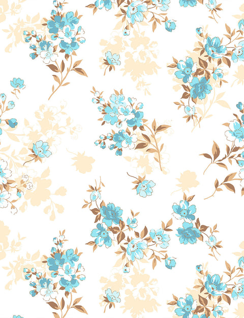 Floral pattern with blue flowers and beige leaves on a white background