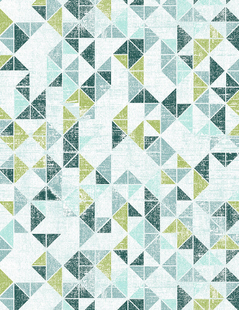 Geometric pattern with triangles in green, blue, and gray on a white background