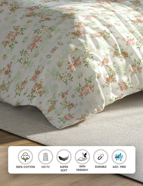 Floral patterned fitted sheet  on a bed 100 % Cotton Bedsheet, 120 TC, Super Soft, Skin Friendly Bedsheet, Durable & Sustainable Bedsheet