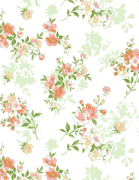 Floral pattern with pink and green flowers on a white background